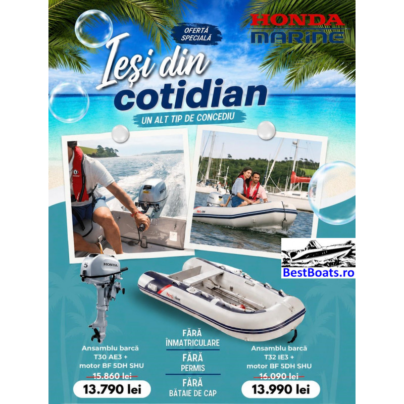 Set Promo Barca Gonflabila T32-IE3 HONDA Honwave Best Boats + Motor Honda BF 5DH SHU